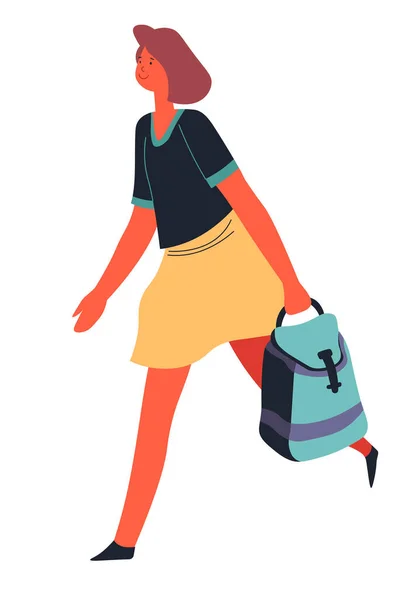 Personaje Femenino Caminando Con Mochila Mujer Aislada Llevando Mochila Estudiante — Vector de stock