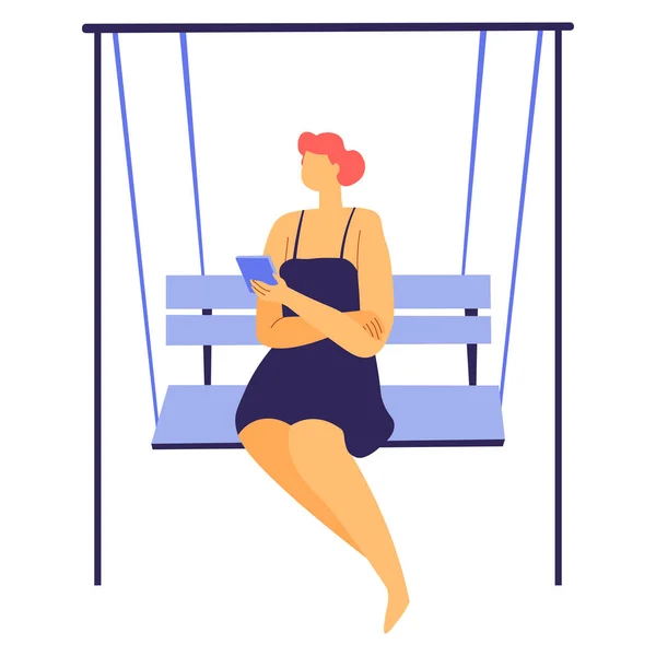 Personaje Femenino Sentado Columpios Banco Aire Libre Leyendo Feed Las — Vector de stock