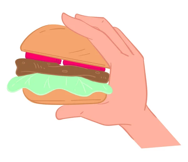 Burger Base Viande Feuilles Salade Tomate Sauce Icône Isolée Main — Image vectorielle