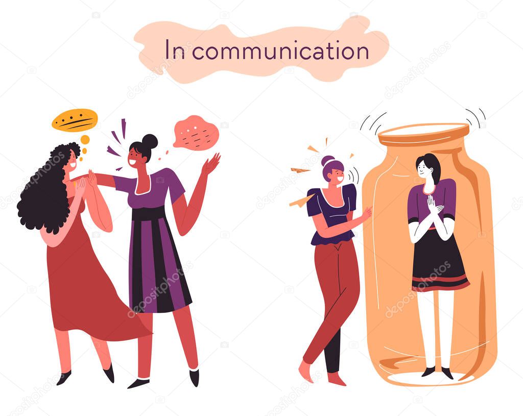 Comparison of behavior of introvert and extravert. Group of people talking freely, friends having chat. Woman in jar, modest or shy person afraid to express thought. Uncomfortable talk, vector