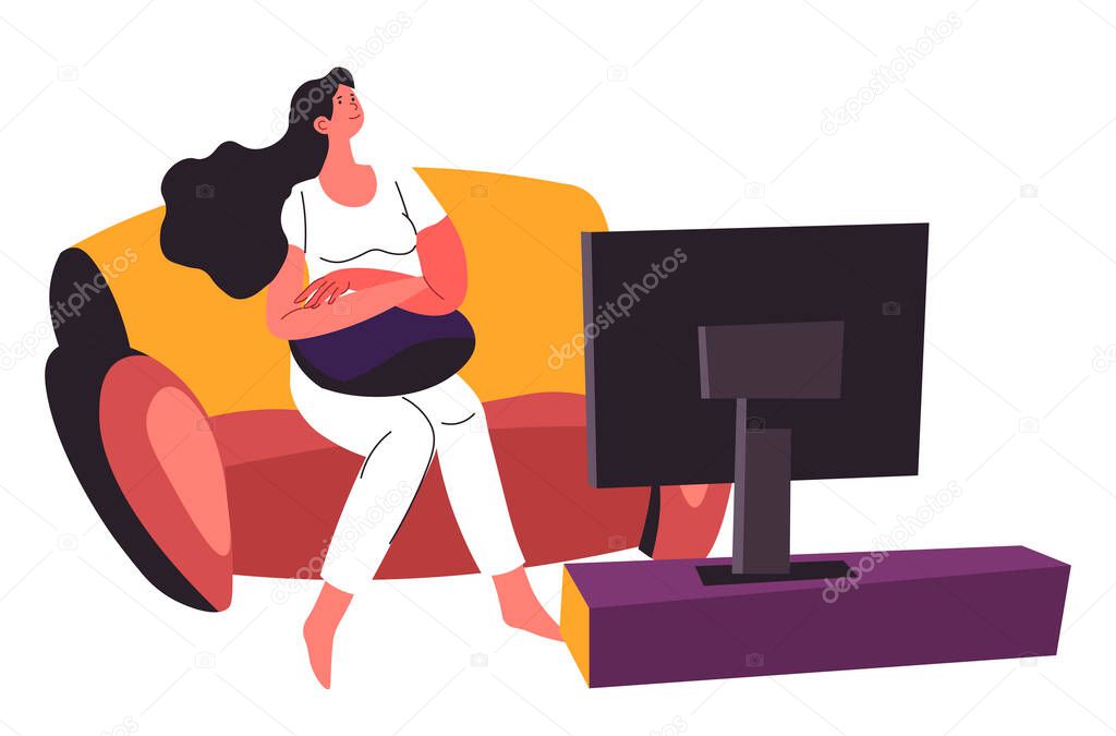 Female character watching tv set sitting in living room. Lady on sofa looking at monitor, television show. Relaxing weekends or evening of introverted personage, joyful girl vector in flat style