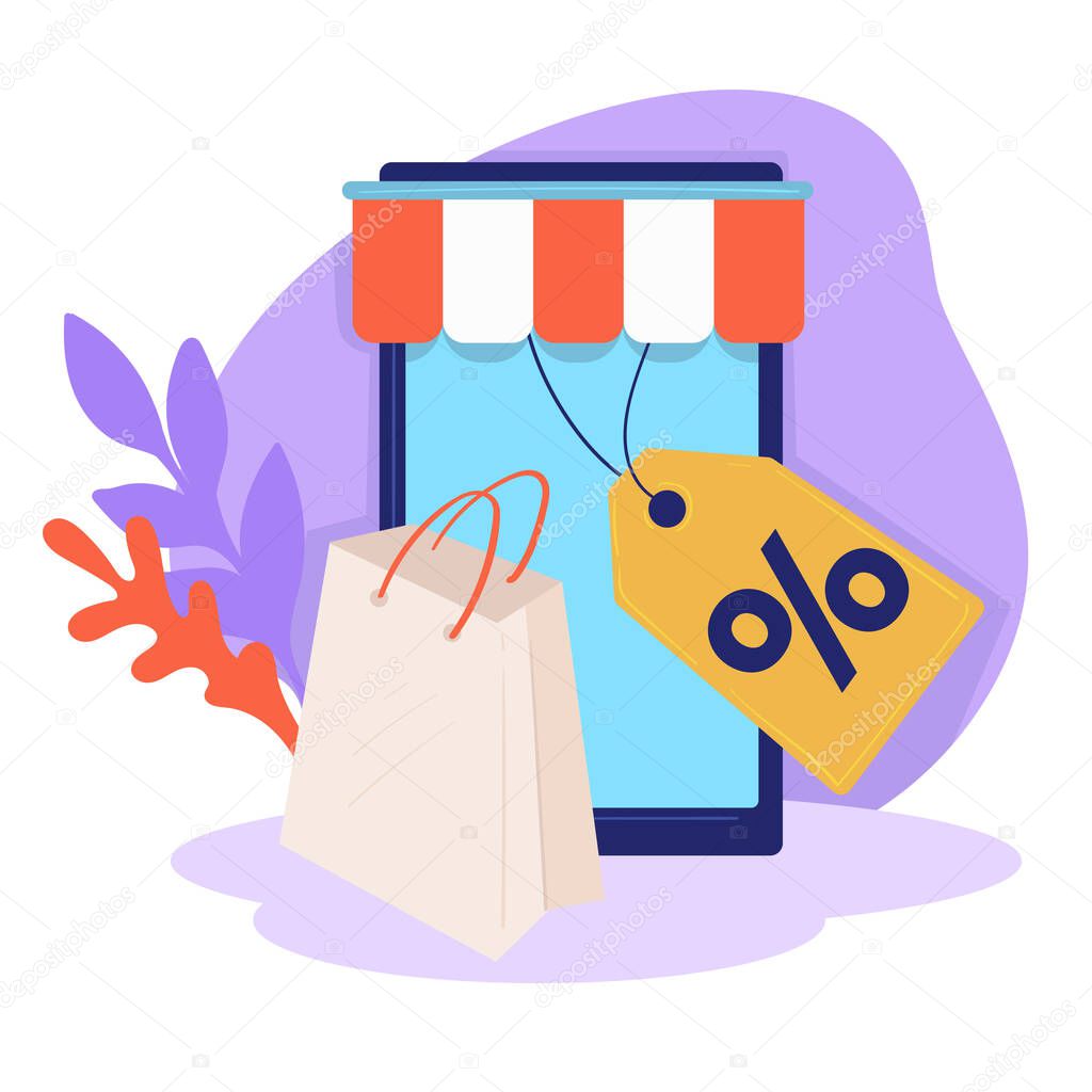 Shopping online using smartphone or application of store. Buying things using smartphone. Sales and discounts displayed on screen. Shops proposals and consumerism, paper bag vector in flat style