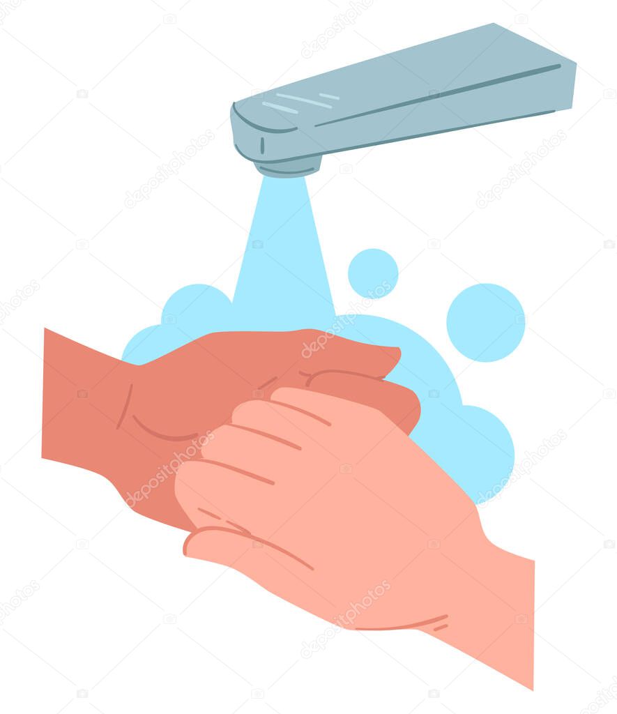 Personal hygiene and care, washing hands in bubbly water. Faucet and personage rubbing palms, fingers cleaning of germs, microbes and viruses. Coronavirus outbreak measures, vector in flat style