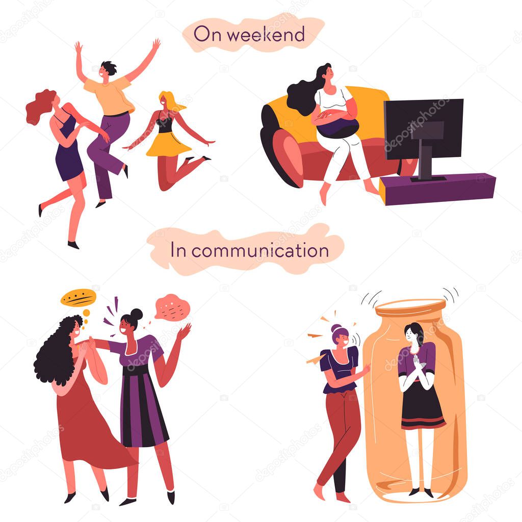 Introvert versus extrovert weekends activities and behavior in communication. Dancing and partying extroverts. Talkative people and uncomfortable introverted girl in jar. Watching tv alone vector