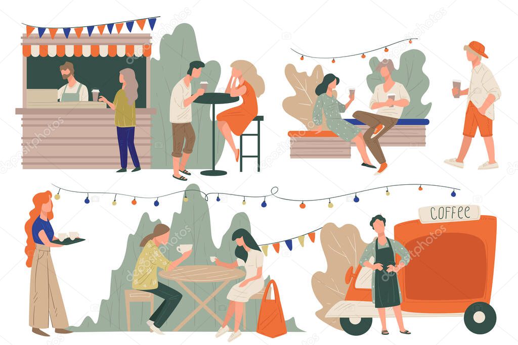 Small shops and stalls, trucks selling coffee for clients outdoors. Restaurants or cafe open to customers. Festive exterior, place decorated with lights and bulbs. Waitress and couple vector in flat