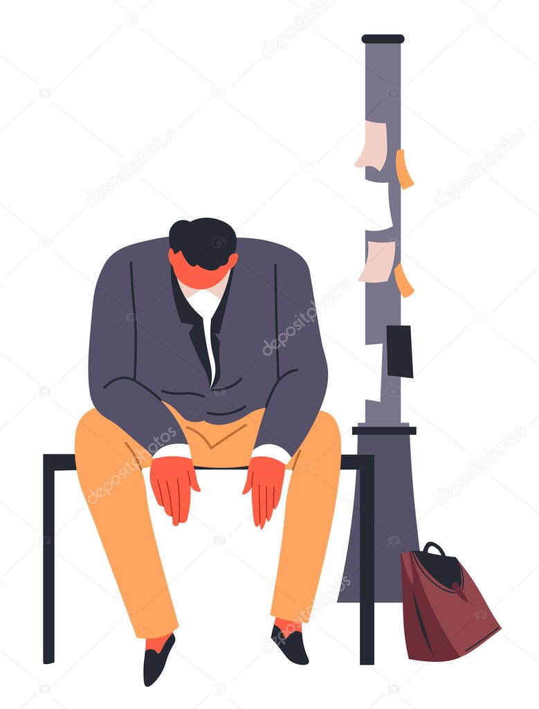 Jobless character sitting on bench outdoors, depressed man with no job. Unemployed personage with briefcase frustrated and sad male. Desperate and anxious gut upset and worried vector in flat style
