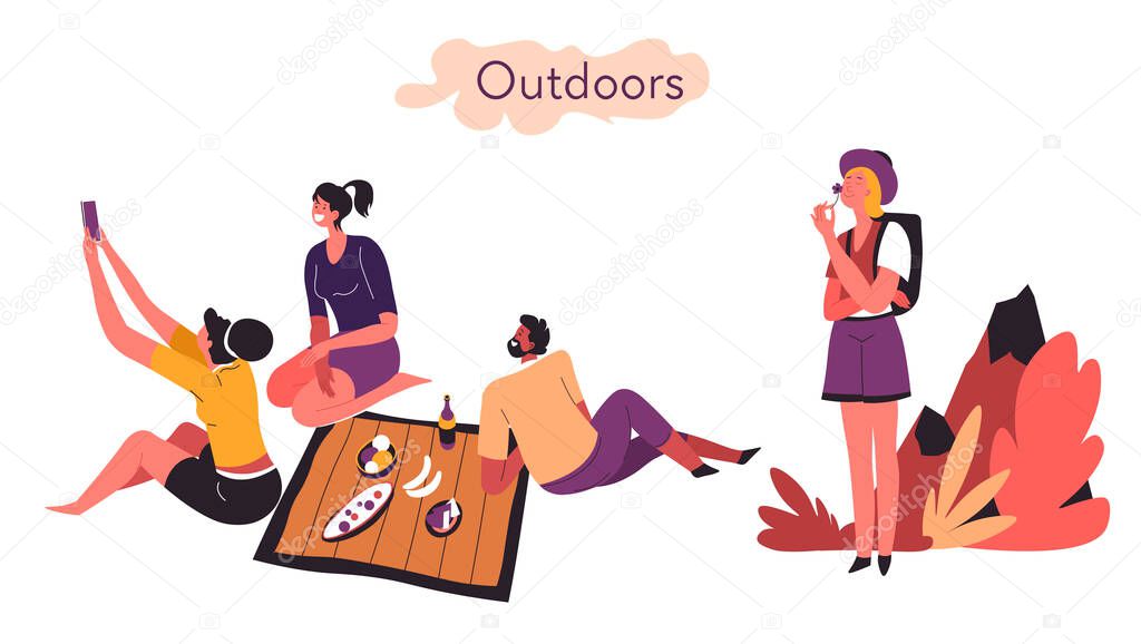 Introvert versus extrovert activities and free time. Extroverted people taking selfie on picnic. Introverted character tourist traveling alone, enjoying nature and mountains. Vector in flat style