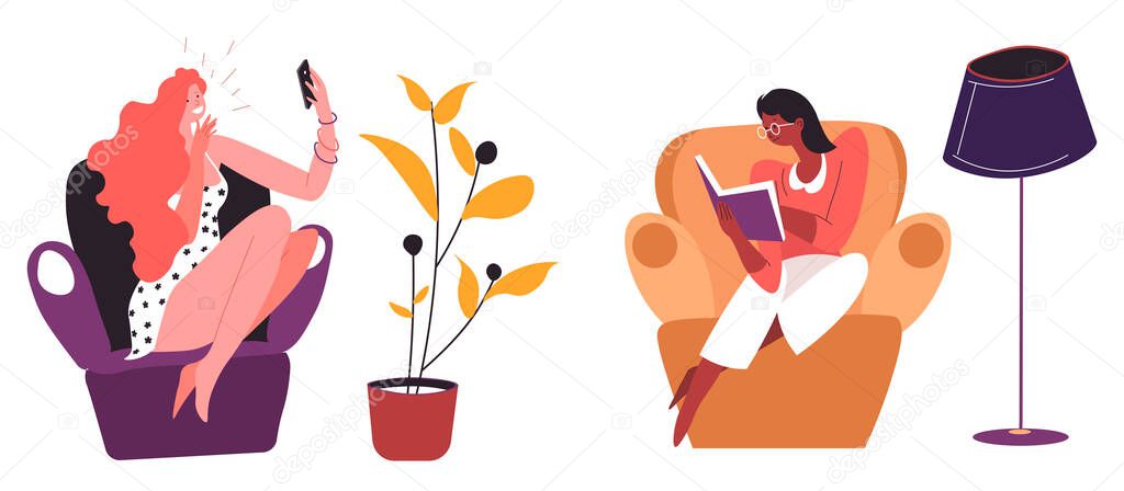 Introvert versus extrovert, comparison of free time activities of personages. Woman talking on phone and posting photos on social media. Introverted person reading book at home, vector in flat