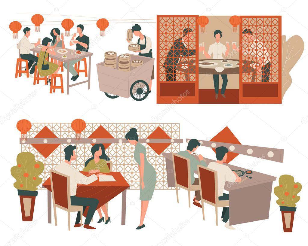 People having dinner, lunch or breakfast seafood in chinese restaurant. Customers and workers of diner or cafe. Furniture and decoration of cafe, paper lanterns above tables, vector in flat style