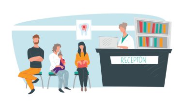 Diş hekimliği klinikleri içişleri, stomatoloji kabinesi hastaları sırada bekliyor.