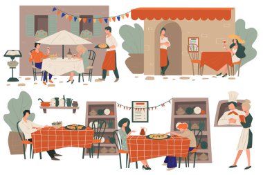 Müşterilerin dışarıda yemek yediği pizzacılar ya da restoran terasları.