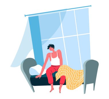 Adam sabah uyanır, erkek karakter yatakta oturur.