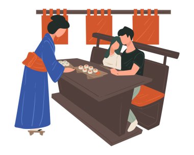 Japon restoranında suşi yiyen çift, Asya mutfağı.