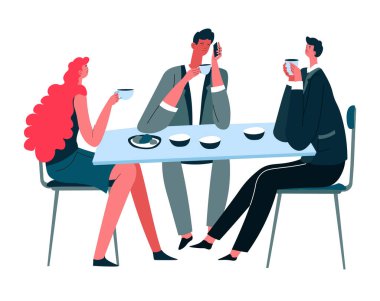 İnsanlar yemek yiyor, çay içiyor, iş arkadaşları restoranda.