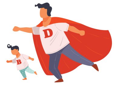 Baba oğul süper kahraman kostümleri giyiyorlar.