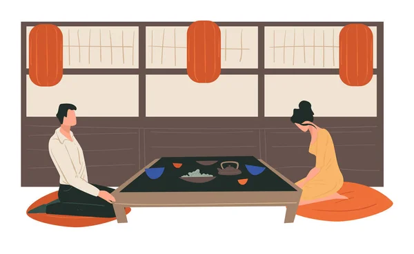 Cérémonie traditionnelle japonaise du thé, homme et femme à la maison — Image vectorielle