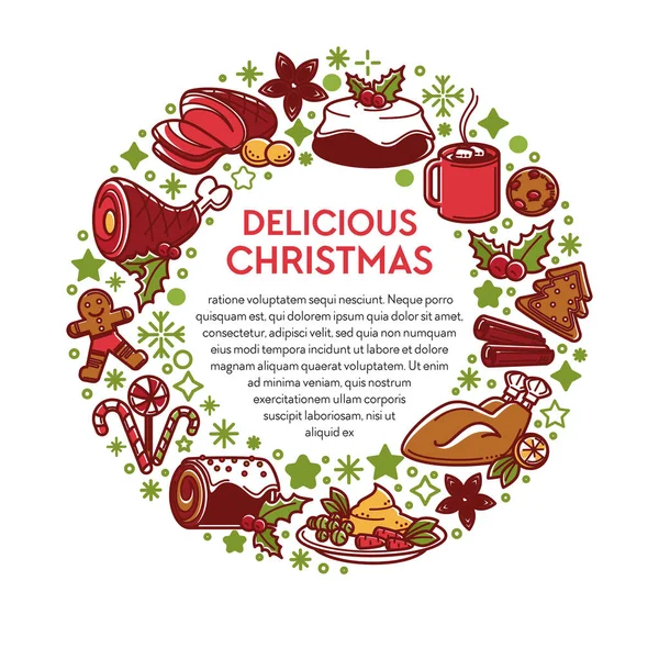 Deliciosos platos e ingredientes tradicionales de Navidad en vacaciones — Vector de stock