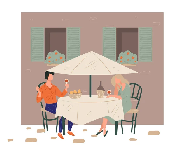 Homme et femme à la date au restaurant boire du vin — Image vectorielle