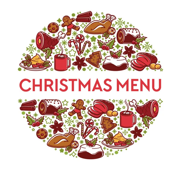 Banner de menú de Navidad con platos en círculo vector — Vector de stock