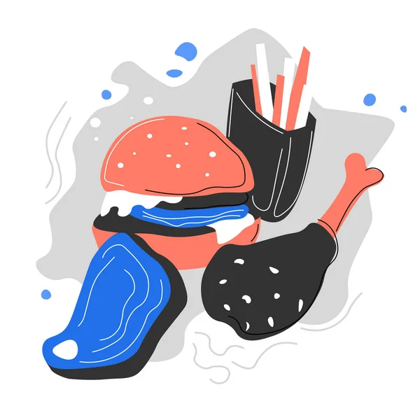 Hamburger ve patates kızartması, kötü beslenme alışkanlıkları taşıyıcı. — Stok Vektör