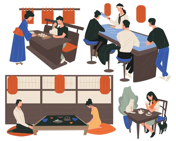 People dining in chinese restaurant, eating and drinking — Stock Vector