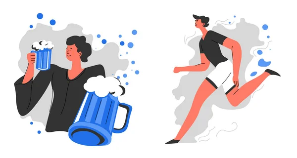 健康和不健康的习惯、饮酒和慢跑 — 图库矢量图片
