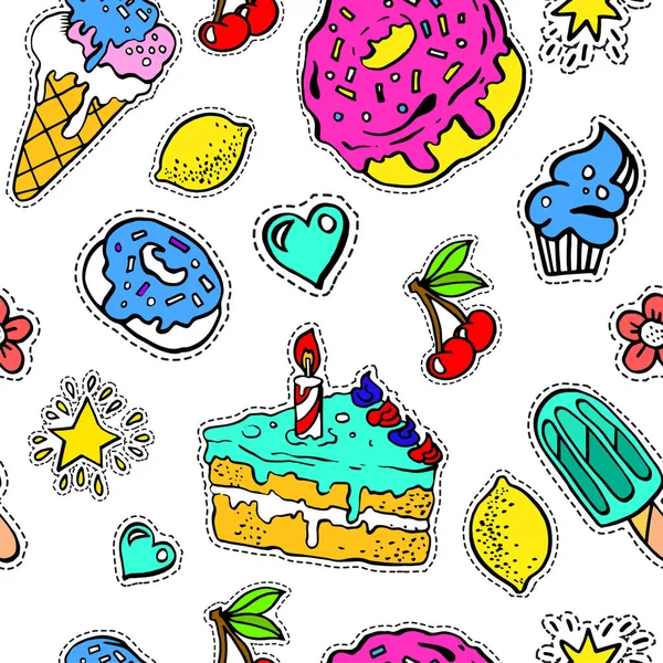 Pastel de cumpleaños, rosquilla y dulces de helado patrón sin costuras — Archivo Imágenes Vectoriales
