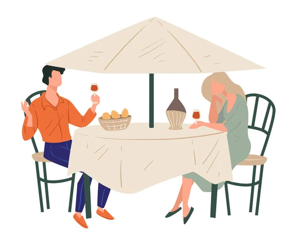 Pareja en cita bebiendo vino en restaurante o cafetería — Vector de stock