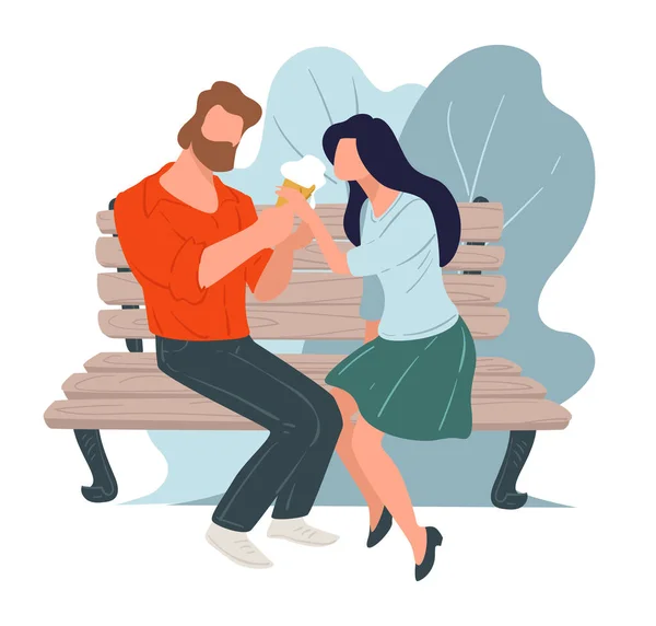 Casal na data comer sorvete sentado no banco —  Vetores de Stock
