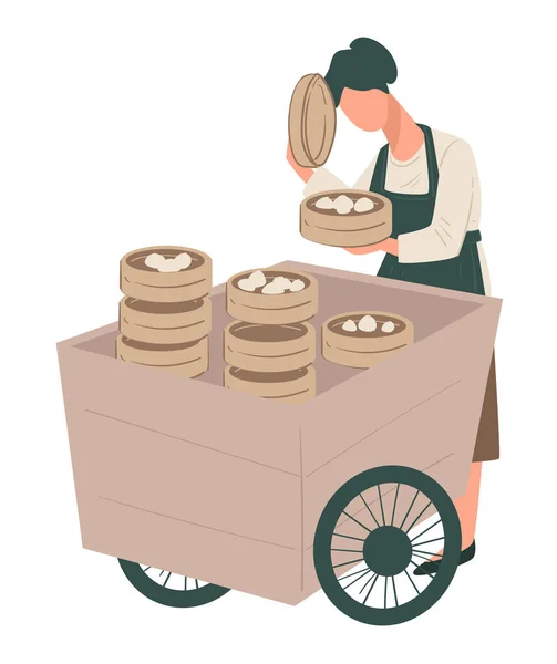 Čínská kuchyně, prodávající s domácími knedlíky na vozíku — Stockový vektor