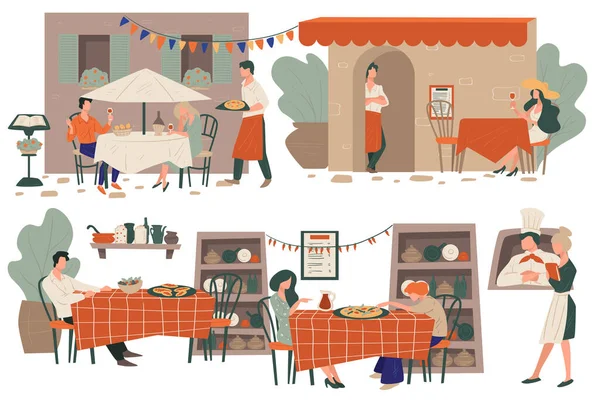 Pizzería o terrazas de restaurantes con clientes comiendo al aire libre — Vector de stock