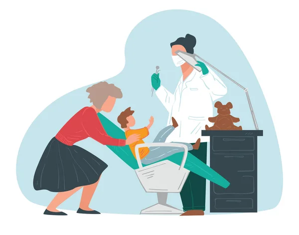 Kids dental care, mom helping scared kid to sit still — Stock Vector