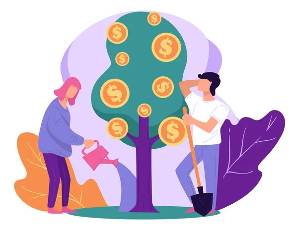 Pessoas crescendo árvore com moedas de ouro, economizando dinheiro —  Vetores de Stock