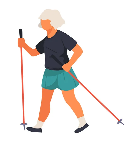 Mujer mayor caminando con postes nórdicos, actividades físicas — Vector de stock