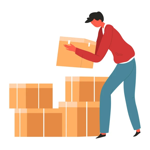 Homme avec boîtes en carton, aide humanitaire ou entrepôt — Image vectorielle