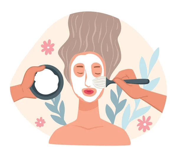 Procédures de salon de beauté et soins de la peau, l'application du masque sur le visage — Image vectorielle