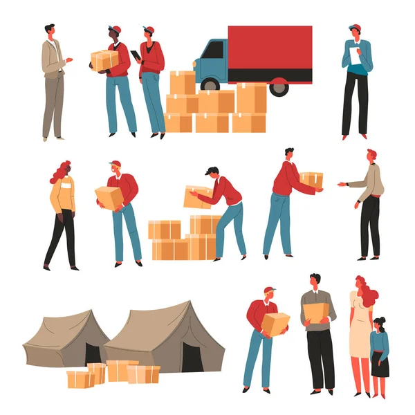 Humanitární pomoc dobrovolníků, rozdávání balíků a zboží — Stockový vektor