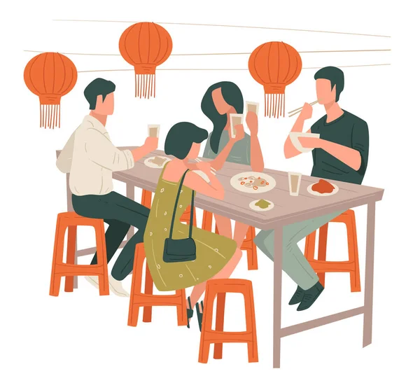 Gente comiendo en restaurante chino, almuerzo de amigos — Vector de stock