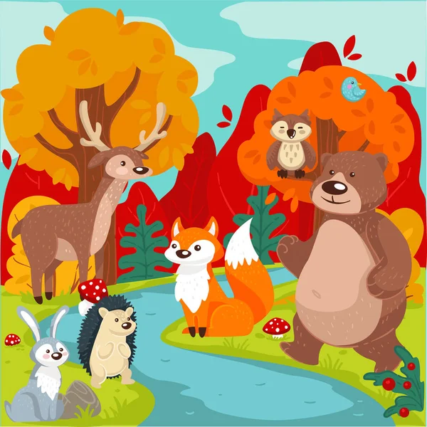 Lesní živočichové, divoká flóra a fauna v přírodě — Stockový vektor