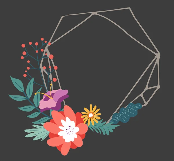 Moldura geométrica minimalista com flores floridas e folhagem — Vetor de Stock