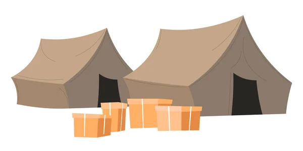 Centro di aiuto umanitario, riparo con scatole di cartone e aiuti — Vettoriale Stock