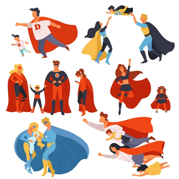 Familia supereroilor, părinții și copiii cu vector de puteri — Vector de stoc
