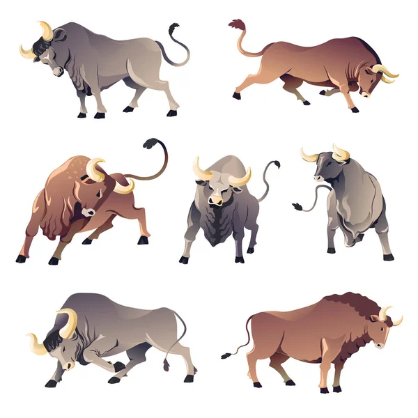 Toros o búfalos, animales salvajes agresivos, corrida de bueyes — Vector de stock