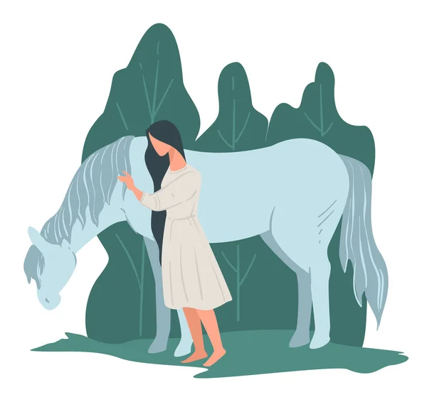 Jazda konna, kobieta stojąca przy koniu, hobby lub wypoczynek — Wektor stockowy