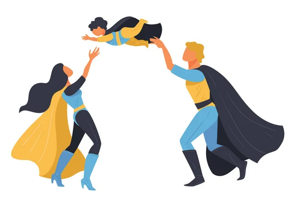 Familia de superhéroes, mamá y padre con hijo — Vector de stock