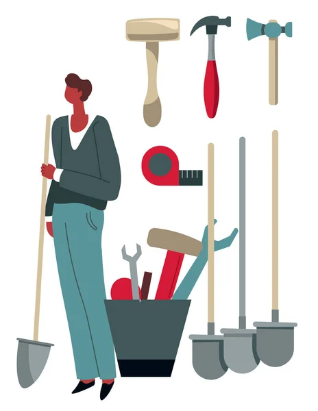 Homme personnage achat instrument de magasin d'outils — Image vectorielle