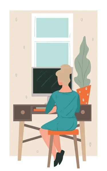 Freelancer trabajando en casa, mujer con vector informático — Archivo Imágenes Vectoriales