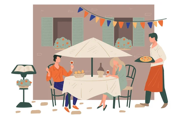 Pareja bebiendo vino servido por camarero con pizza — Vector de stock