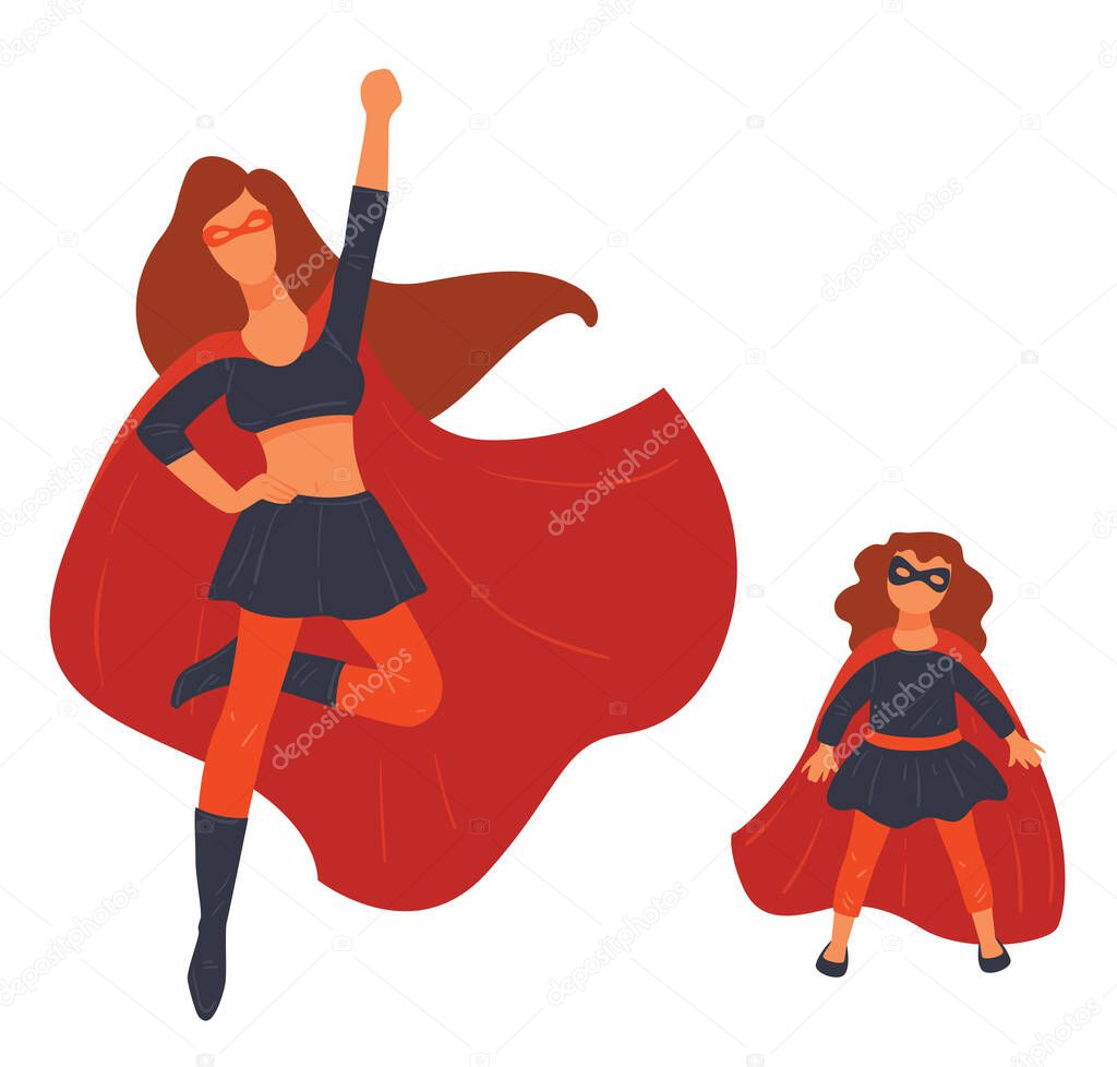Wonder woman and girl, super hero family vector