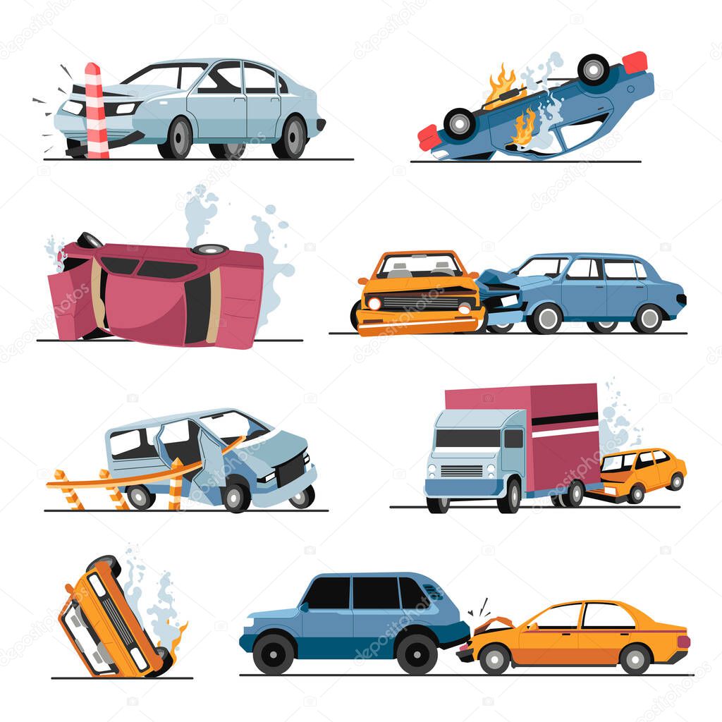 Car crash and damaged vehicles, road accident collision